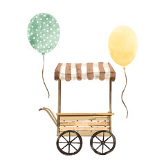 A vintage wooden cart features a brown and white striped canopy, complemented by two balloons—one polka-dotted green and one solid yellow.