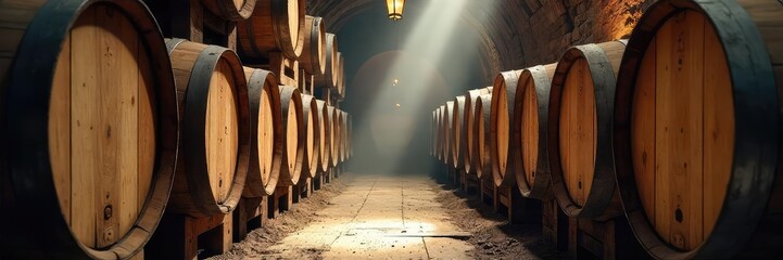 Vintage wine barrels stacked high in a rustic winery cellar, sunbeams illuminating dust motes A scene of old-world winemaking charm and history , autumn, wood, vintage
