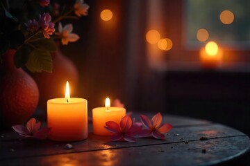 Warm, inviting candlelight illuminates a cozy scene, casting soft shadows and creating a romantic ambiance Perfect for backgrounds needing a touch of elegance and serenity , elegant, cozy, shadows