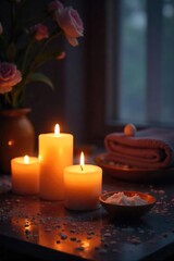 Warm, inviting glow of flickering candlelight creating a romantic and serene atmosphere Perfect for relaxation, spa treatments, or cozy evenings , beauty, hygge, serene