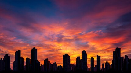 Beautiful evening skyline with vibrant sunset colors illuminating the cityscape and silhouetting modern skyscrapers against a dramatic sky