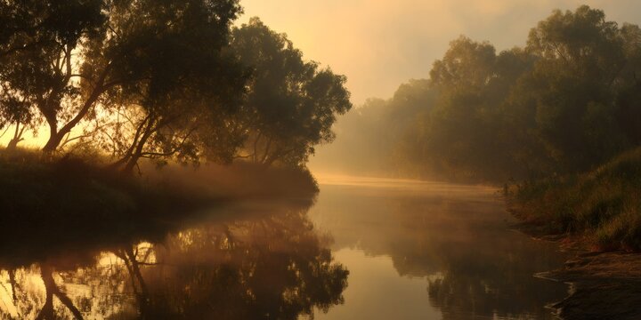 River mist at sunrise reflecting trees, creating a calm natural landscape with golden light