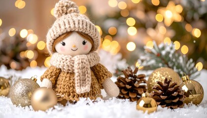 A cute knitted doll dressed for a cozy Christmas holiday