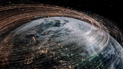 Orbiting view of Earth wrapped in luminous data rings and golden particle trails, epic visualization for global connectivity, satellite networks, fintech, 5G communications, and visionary technology - Powered by Adobe