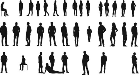 Human silhouette poses, standing sitting walking gestures, body language reference, lifestyle design, cad drawing flat vector illustration © Noman Art