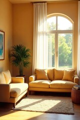 Warm sunlight streams into a bright, welcoming space, illuminating comfortable furniture and inviting decor, creating a sense of calm and ease , relaxation, decor, interior