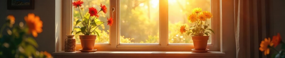 Warm sunlight streams through a window onto a welcoming, hopeful scene of fresh flowers and a cozy, inviting interior ,  home decor,  sanctuary