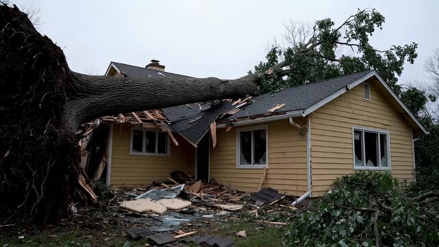 Severe storm damage to a residential home with a large tree fallen onto the roof