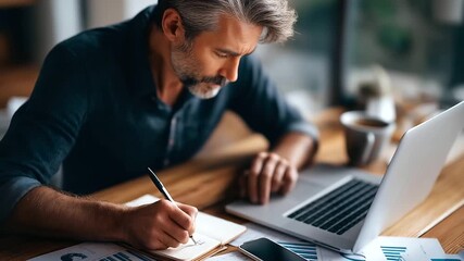 From top view a middle aged man works on a laptop analyzing charts his hand writing in a notebook smartphone and eyeglasses on a wooden desk surrounded by printed graphs and - Powered by Adobe
