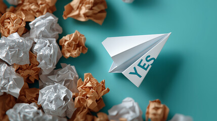Paper airplane flying across a wall of rejected drafts toward a “YES” stamp, business, persistence, idea, approval, decision, growth, resilience, creativity, with copy space