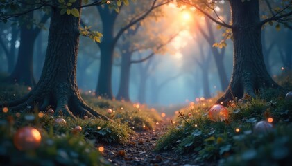 Whimsical glowing orbs dance in a dreamy, out-of-focus landscape, creating a magical, ethereal atmosphere Perfect for fantasy, fairytale, or enchanted forest themes , fairytale, sparkle