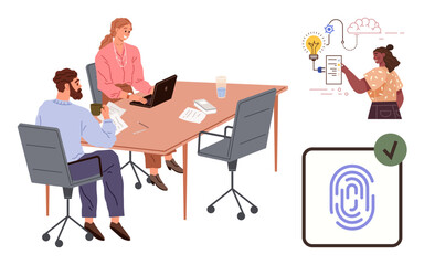 Business team discussing ideas at a table, person brainstorming with tech icons, fingerprint authentication. Ideal for teamwork, innovation, strategy, technology, security, planning simple flat