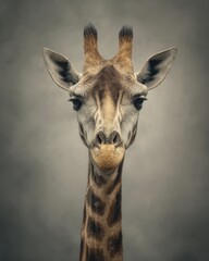 Fototapeta premium Portrait of a Giraffe Against a Smokey Gray Background
