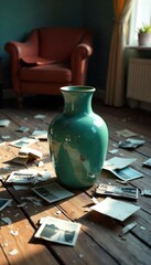 A shattered vase lies amidst scattered photographs and overturned furniture, symbolizing the destructive impact of family violence and fractured relationships , broken pieces, tense