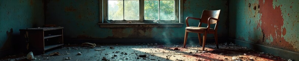 A shattered window, a broken chair, and scattered debris depict the aftermath of a violent crime scene, highlighting the destructive impact of aggression and lawlessness ,  city,  shattered glass