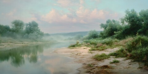 Obraz premium River landscape with morning mist creating a serene and calm atmosphere reflecting tranquil nature