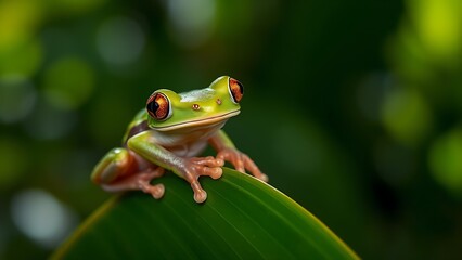 Tree frog perched on tropical leaf, wildlife in natural habitat.