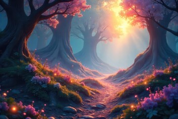 A shimmering, ethereal landscape bathed in iridescent light, radiating mystical energy and an otherworldly glow Perfect for fantasy, fairytale, magic, and mystical themes , aura, energy