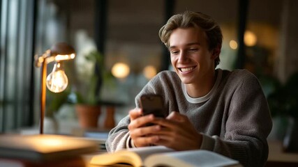 A teenage boy sits at a desk holding a smartphone with both hands smiling at the screen an open textbook and notebook suggesting he's distracted from studying desk lamp casting