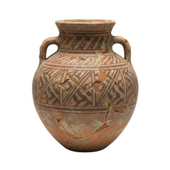Ancient Cracked Terracotta Amphora With Geometric Patterns On Transparent Background