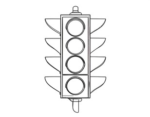 An outline of a traffic light with four circular signals, arranged vertically. The light has a rectangular casing and angular visors