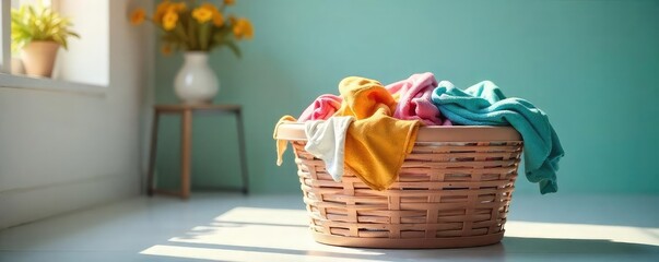 A single basket overflowing with colorful clothes ready for washing, sitting in a bright, airy laundry room , stain removal, ironing