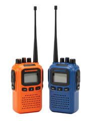 Two Portable Two Way Radios Orange And Blue With Antennas On Black Background