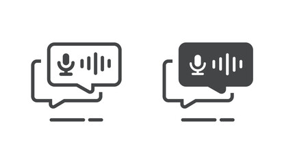 Record sound podcast icon in chat speech bubble vector, voice audio message line stroke outline sign symbol modern simple graphic illustration, radio soundwave with mic pictogram logo image
