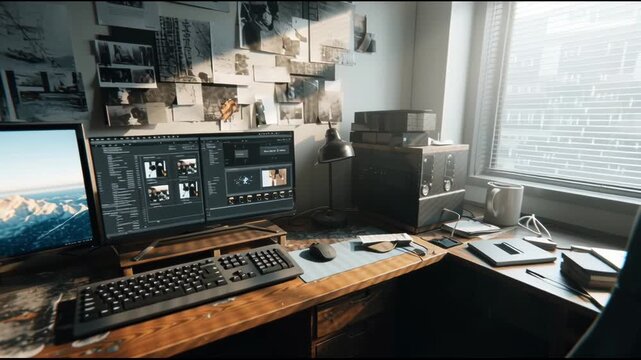 Quiet home office workspace for creative work, with computer and glowing monitor on messy desk. Natural sunlight streams through window