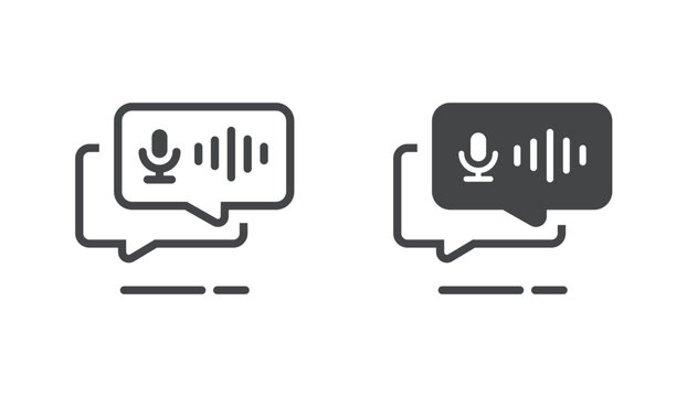 Record sound podcast icon in chat speech bubble vector, voice audio message line stroke outline sign symbol modern simple graphic illustration, radio soundwave with mic pictogram logo image
