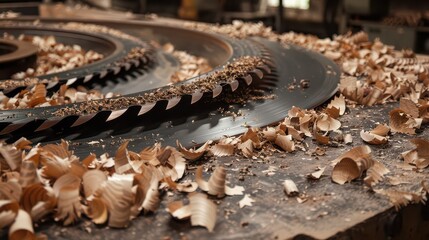 Sharp industrial saw blade cuts through wood creating beautiful shavings, hinting at skilled craftsmanship and manufacturing processes