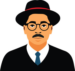 A Man with Hats vector, Portrait of a handsome businessman in a black suit and hat, looking serious with elegant retro style.