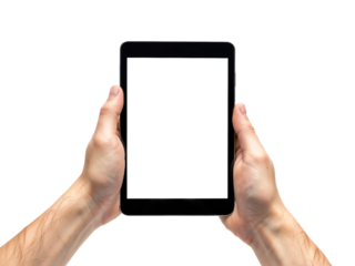 Hand man holding tablet with mockup blank screen isolated on transparent background