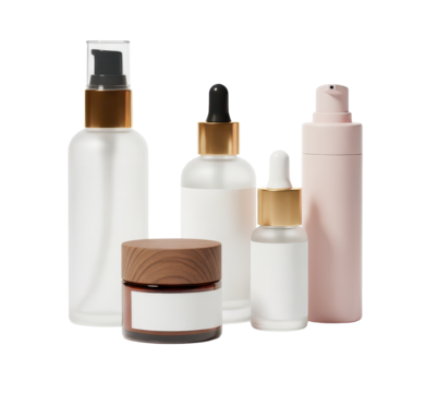 Assorted Skincare Product Bottles and Jars with Gold Accents and Transparent Background