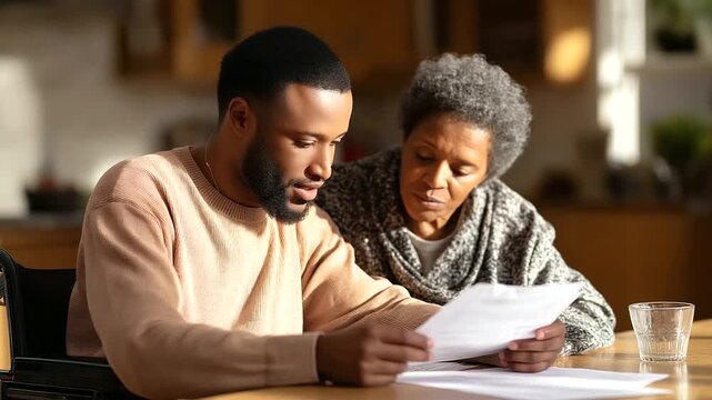 A young Black man explains documents to a senior woman with disability in a wheelchair at a kitchen table both leaning in papers with financial details spread out the room warm