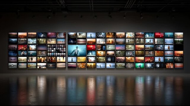 Overwhelming large video wall multiscreen display showing futuristic array of digital media content on glowing television screen