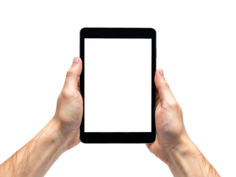 Hand man holding tablet with mockup blank screen isolated on transparent background