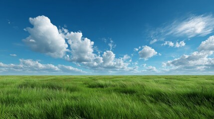 Lush Green Grass Field Under a Bright Blue Sky with Fluffy White Clouds Reflecting a Serene and Peaceful Natural Landscape