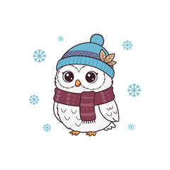Cute Winter Owl Cartoon Wearing Blue Hat and Maroon Scarf Surrounded by Snowflakes Perfect for Seasonal Greeting Cards and Kids Designs