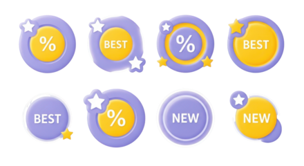 Sale and New product badges with stars and percentage signs isolated on a transparent background