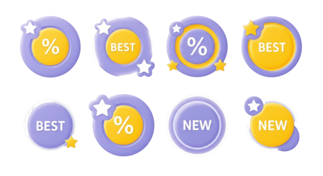 Sale and New product badges with stars and percentage signs isolated on a transparent background