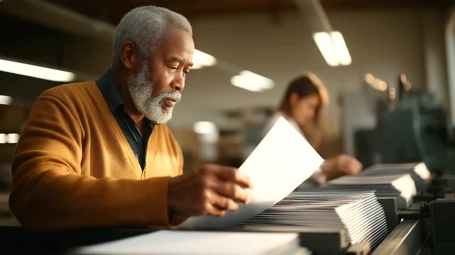 Unrecognizable mature Black man operating a paper cutter with precision slicing through stacks while a young woman in the background adjusts a creasing machine sparks of paper