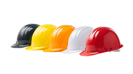 Fototapeta premium Five construction safety helmets in black yellow orange white and red colors lined up on transparency background symbolizing safety teamwork and industry diversity