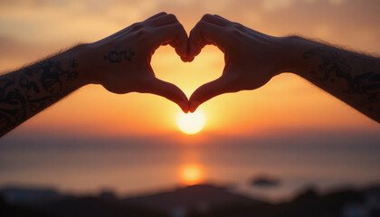 Hands forming heart shape in front of sunset, love and kindness resolution