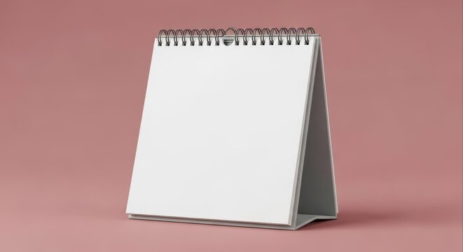 Blank white spiral-bound desk calendar or notepad standing upright on a soft pink background, ready for custom content.