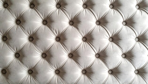 An overhead close-up displays a tufted texture, highlighting rounded button details within a diamond pattern on a light, plush surface. Its monochrome scheme offers simple elegance