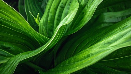 An overhead shot reveals lush, verdant leaves with prominent veins and a gentle curvature. The close-up perspective highlights the vibrant green tones and textures