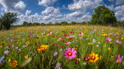 Vibrant Wildflower Meadow Under Blue Sky with Fluffy Clouds and Lush Green Trees, Perfect for Nature and Landscape Photography