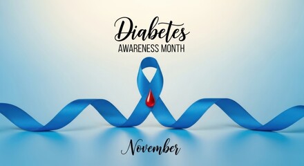 Diabetes Awareness Month concept with blue ribbon and red blood drop. Global medical campaign in November