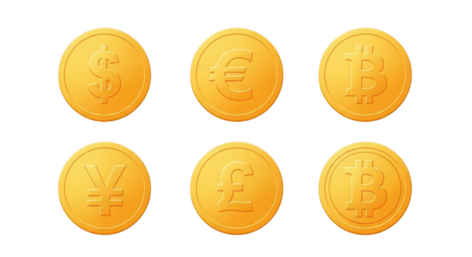 Six golden currency coins with symbols isolated on a transparent background dollar euro - Powered by Adobe